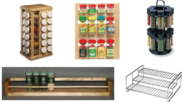Five spice racks, each with a unique arrangement of containers.