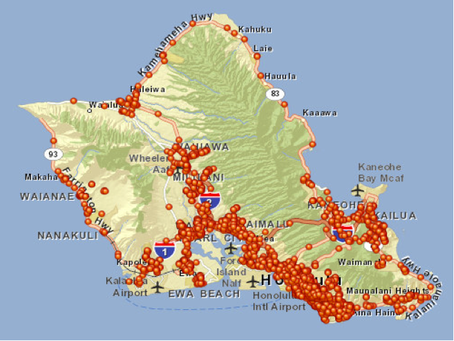 Infographic shows map of the island of O'ahu, Hawaii, overlaid with markers to indicate traffic density.