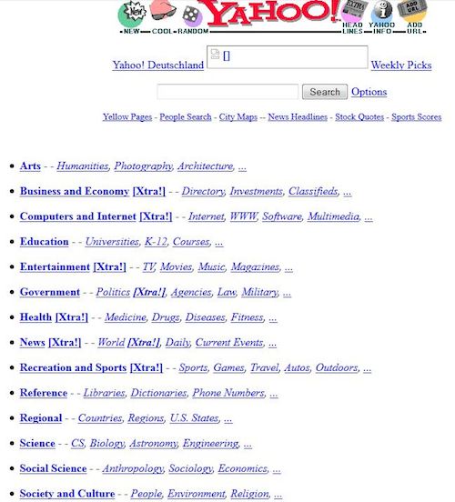 Screenshot of Yahoo! home page in 1996.