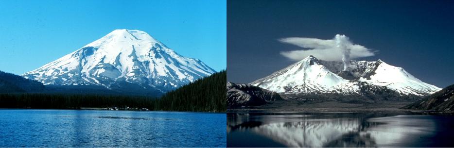 Side-by-side photos of Mt. St. Helens in southern Washington State, which erupted on 18 May 1980. Photos taken from approximately the same vantage point. The “before” picture on left presents a classic scene with a placid lake in the foreground and the snow-capped mountain center-frame. In the “after” picture on right, the central peak of the mountain is gone, along with over one thousand feet in elevation; a gaping, mile-wide crater is cloven into the remnants of the mountain, and a plume of smoke is rising from an emergent caldera at the mountain's core.