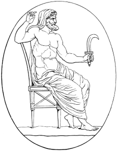 A line drawing of Kronos sitting on a throne and holding a sickle.