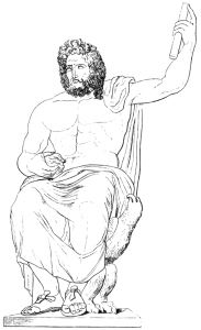 A line drawing of Zeus sitting on a throne holding a scepter.