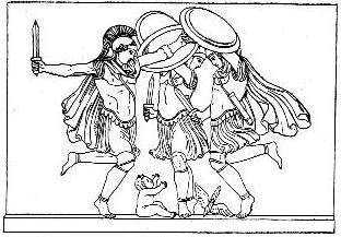 The Curetes dance in armor around an infant Zeus.