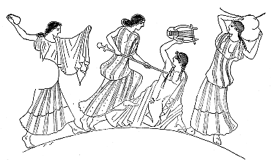 A line drawing of a vase painting depicting Orpheus being killed by Maenads.
